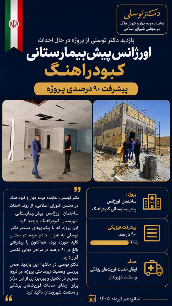 بازدید دکتر توسلی از پروژه در حال احداث اورژانس پیش‌بیمارستانی کبودراهنگ/ پیشرفت ۹۰ درصدی پروژه