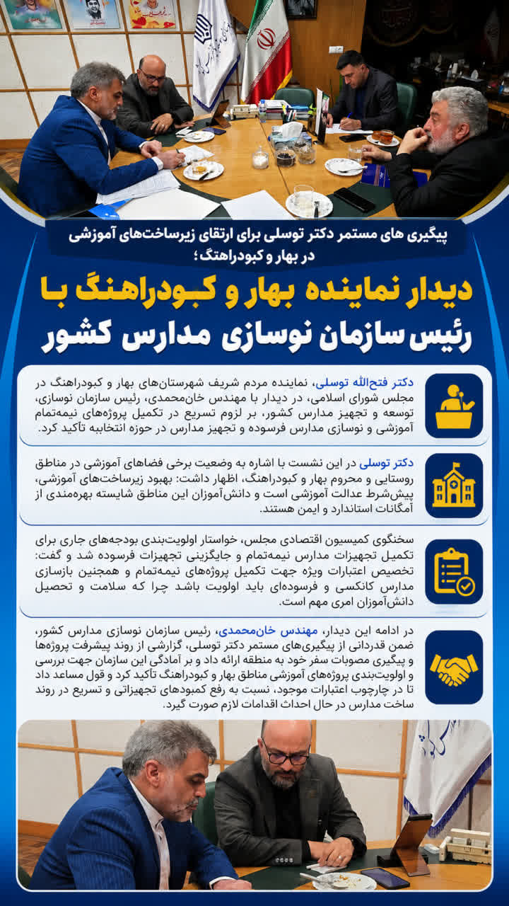 پیگیری های مستمر دکتر توسلی برای ارتقای زیرساخت‌های آموزشی در بهار و کبودراهنگ؛ دیدار نماینده بهار و کبودراهنگ با رئیس سازمان نوسازی مدارس کشور
