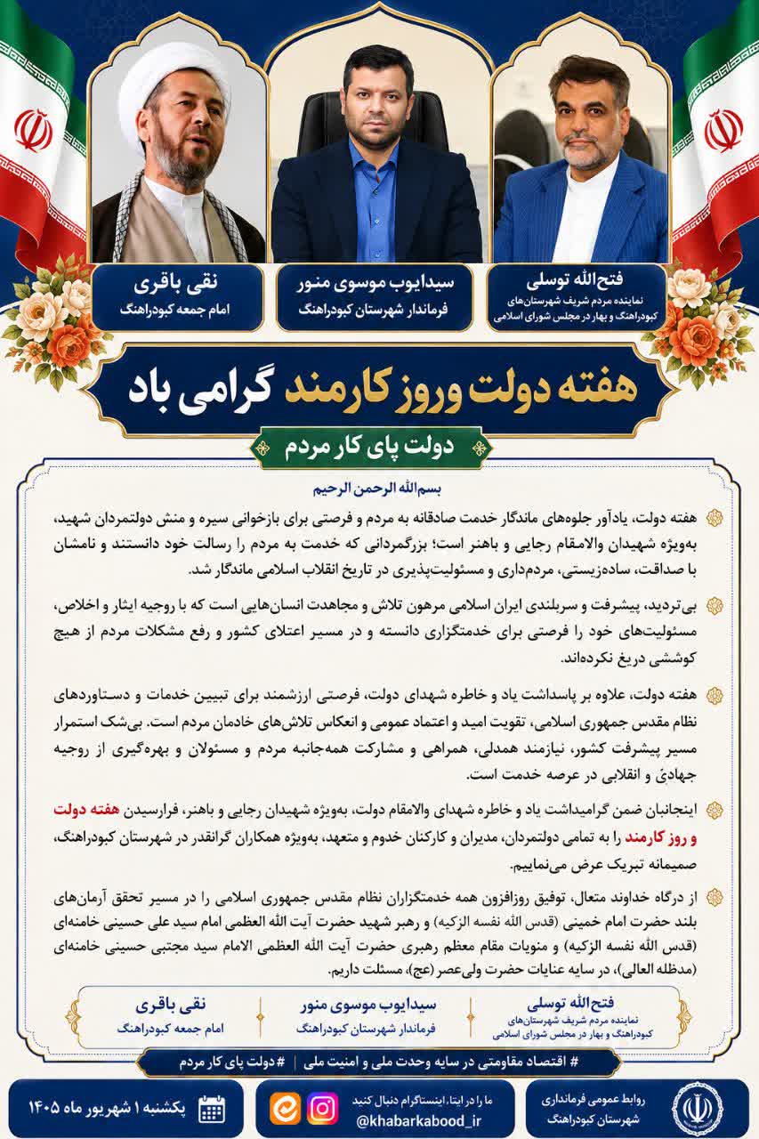 پیام امام جمعه، نماینده مردم در مجلس شورای اسلامی وفرماندار کبودراهنگ به مناسبت هفتهی دولت و روز کارمند