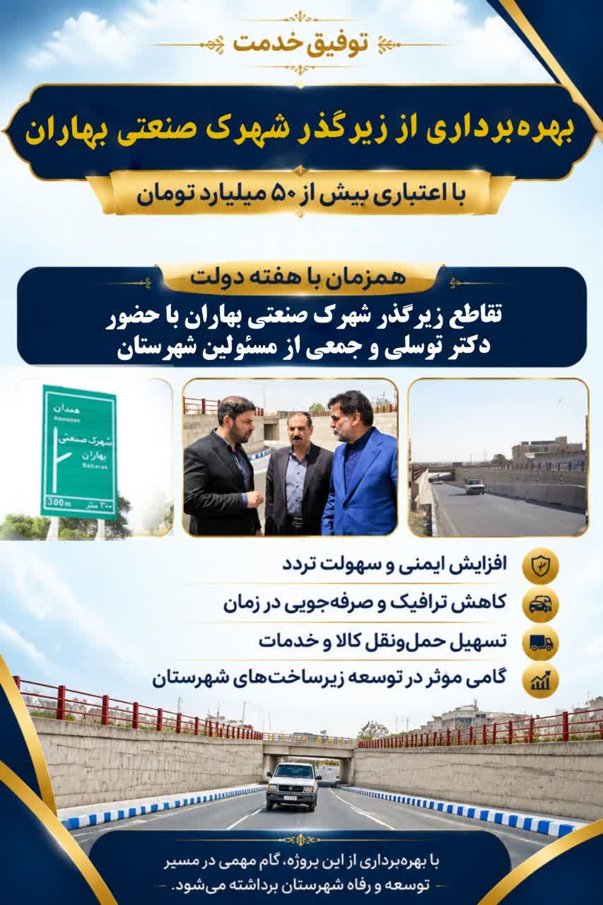 زیرگذر شهرک صنعتی بهاران با بیش از 50 میلیارد تومان اعتبار به بهره برداری می رسد
