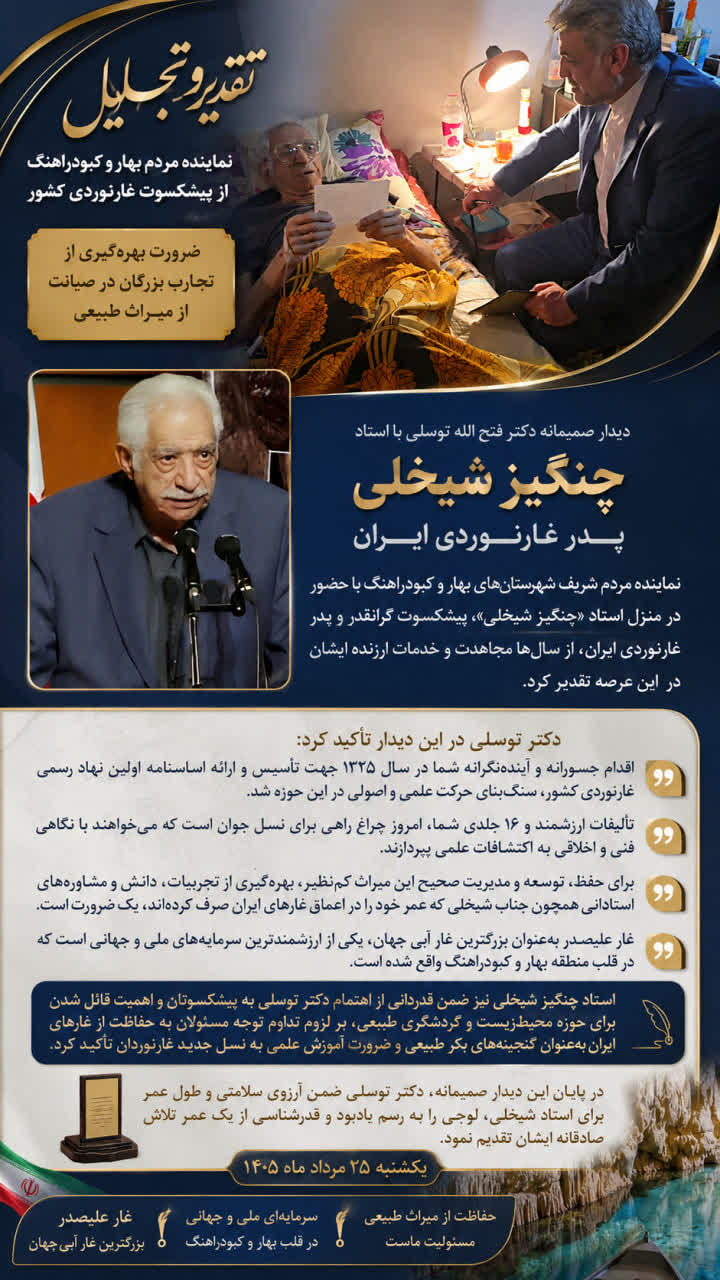 تقدیر نماینده مردم بهار و کبودراهنگ از پیشکسوت غارنوردی کشور؛ ضرورت بهره‌گیری از تجارب بزرگان در صیانت از میراث طبیعی