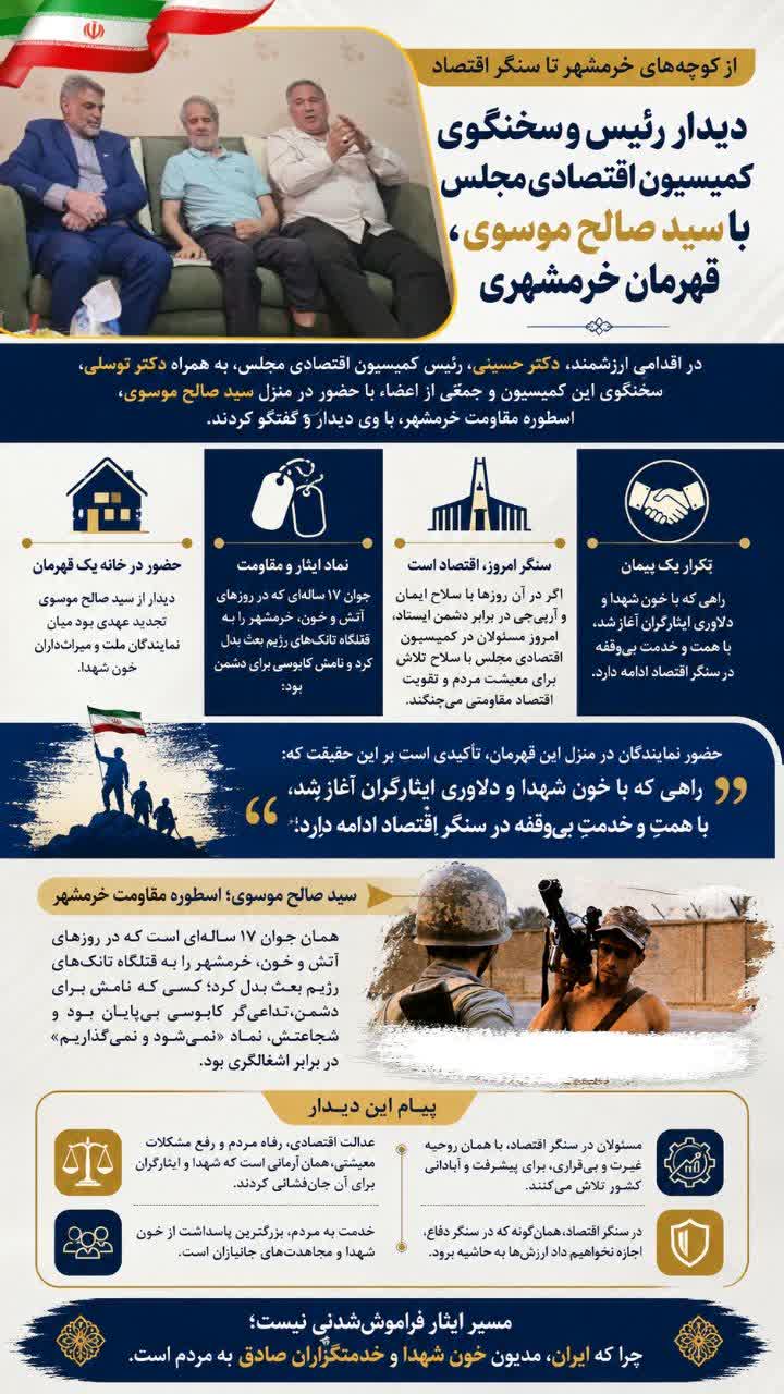از کوچه‌های خرمشهر تا سنگر اقتصاد/دیدار رئیس و سخنگوی کمیسیون اقتصادی مجلس با سید صالح موسوی، قهرمان خرمشهری/مسیر ایثار فراموش‌شدنی نیست